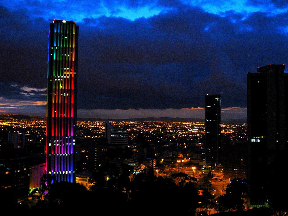 Bogotá skyline at night with Torre Colpatria